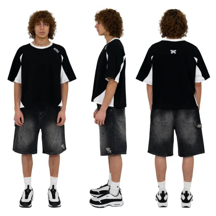 Mertra Arc Jorts black vintage wash – cotton denim with leather patch