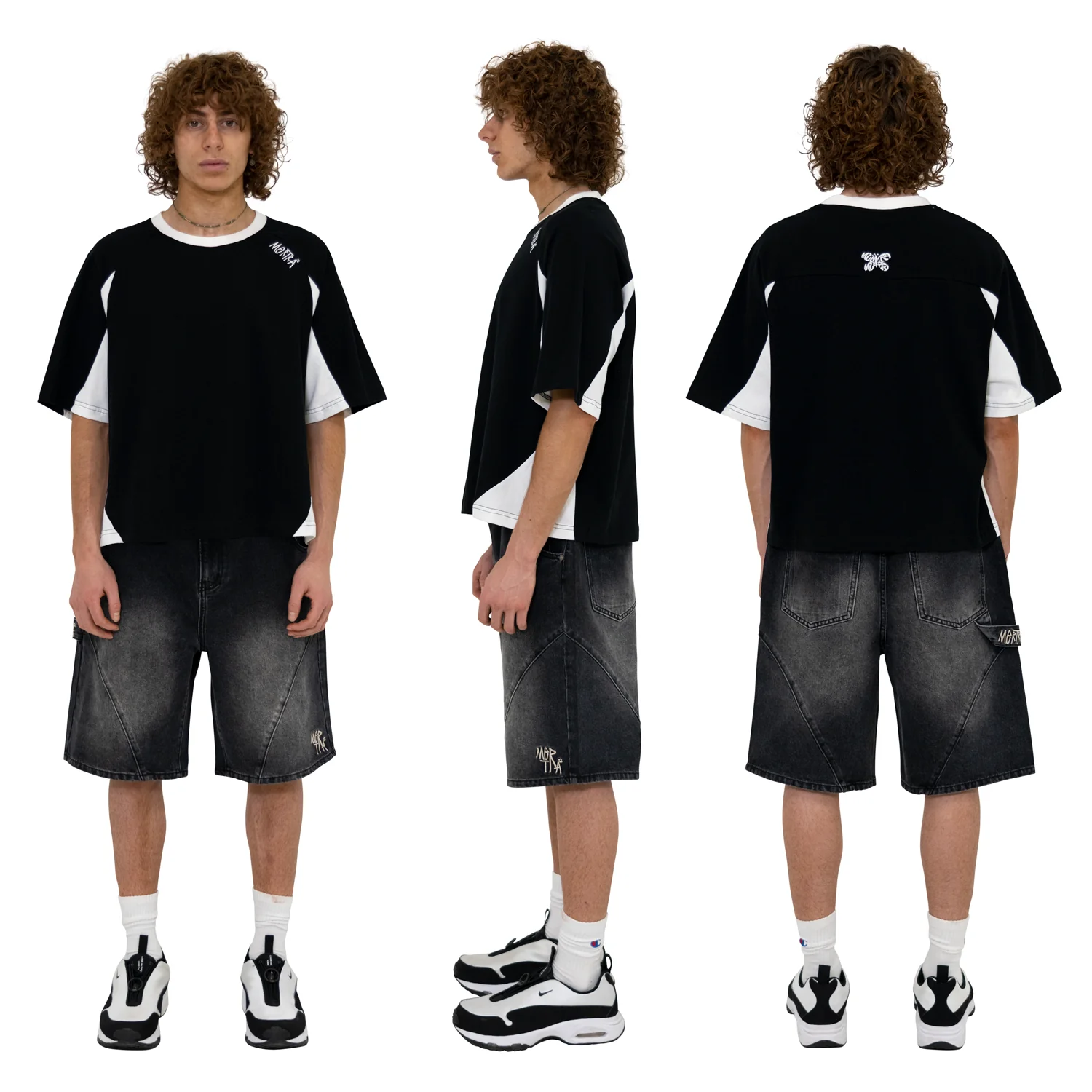 Arc Jorts (Vintage Black) 4 Mertra Arc Jorts black vintage wash – cotton denim with leather patch