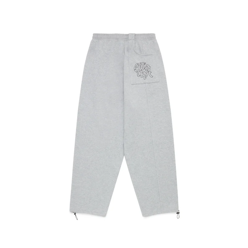 Grey and black Mertra joggers with wide-leg fit and embroidered logo