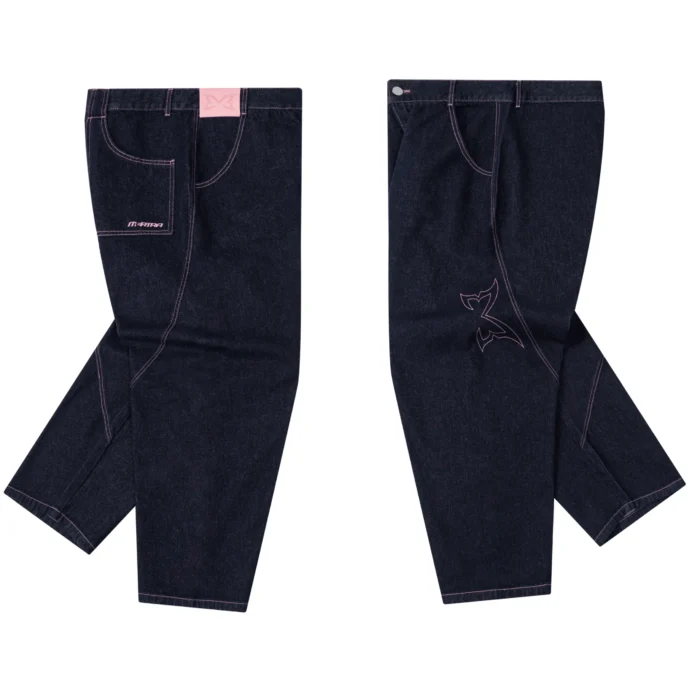 Reversible Mertra denim jeans featuring bold graphics and streetwear design